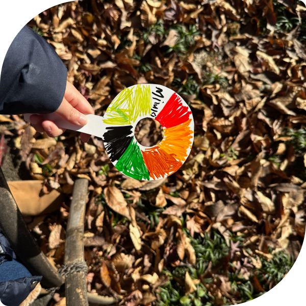 Child holding a color viewer over winter leaves