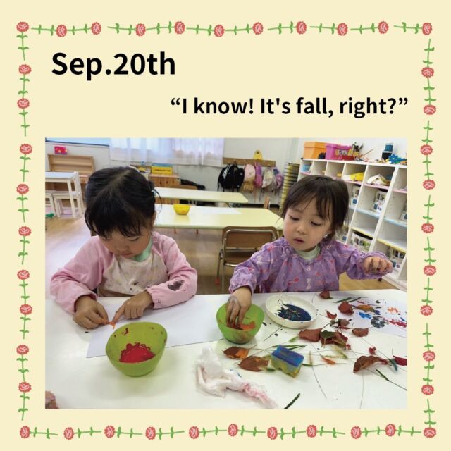 -“Did you know that summer is already over?” 
- “I know! It's fall, right?”

#ymca #englishpreschool #englishkindergarten #internationalschool #englishimmersion #childasaprotagonist #toplayistolearn #lightandshadow #exploration #discovery #awareness #yokohama #outdoorplay #英語保育 #英語イマージョン #子どもが主役 #あそびはまなび #光と影 #気付き #発見 #外遊び #横浜